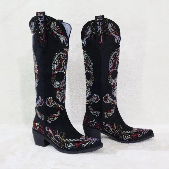 Muerto Country Western Cowgirl Boots Sparkling Iridescent Rhinestones Skull Red